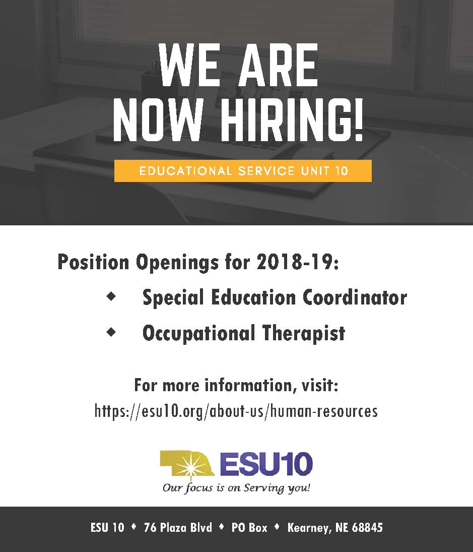 ESU_10's tweet photo. ESU 10 has two positions currently open for the 2018-19 school year. We are looking for a Special Education Coordinator and an Occupational Therapist. For more information, visit: https://t.co/siCparoSTk @ESU_10 @ESU10 https://t.co/rwCzjiqfS0
