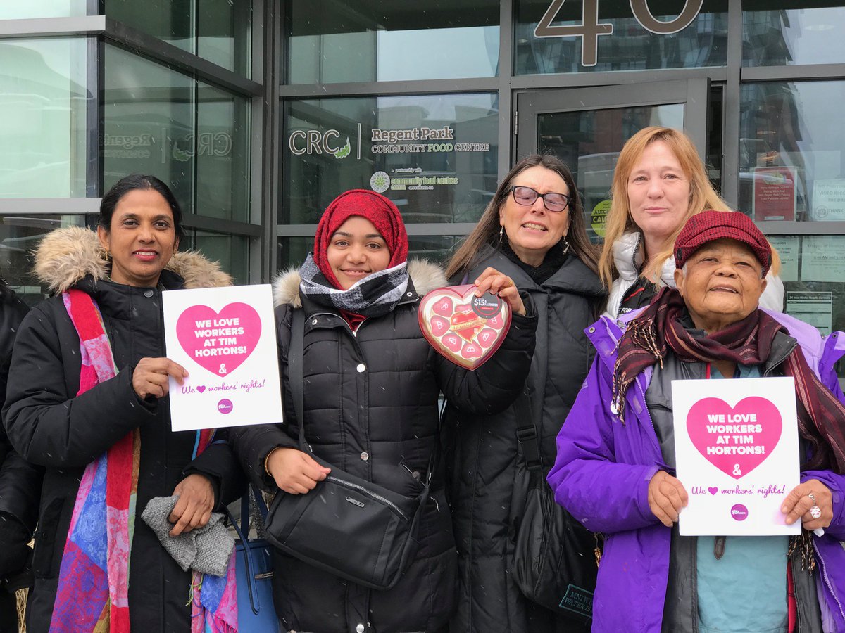 fairwagesnow's tweet photo. #15andFairness Valentine's card deliveries to @TimHortons workers continues across #OnPoli. More than 250 #TimHortons outlets will be visited today. Show your support! Sign the PETITION to CEO Daniel Schwartz to demand #decentwork. https://t.co/WfSAyjCytU #RollUpTheRim https://t.co/IqHfxw3qiY