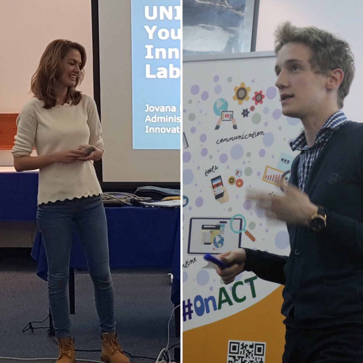 DigitalizujMe's tweet photo. Na današnjem #OnACT treningu koji je organizovao @nvocazas, naša @bigajovana govorila je o aktivnostima UNICEF Laboratorije inovacija za mlade Kreaktivator, a naš Mišo o svojim utiscima sa prve #UPSHIFTme radionice. 😀 https://t.co/Y6Q4mwsqxy