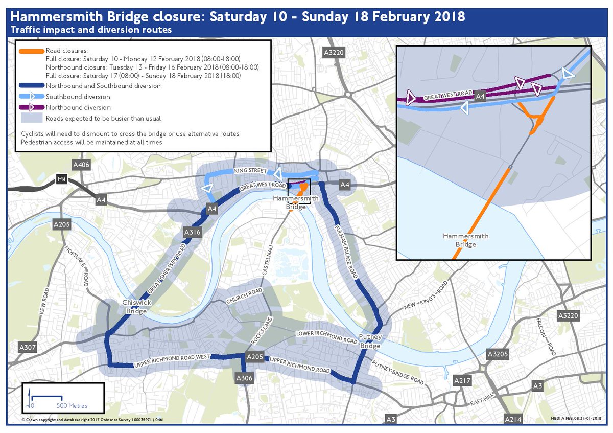 nnhammersmith's tweet image. Hammersmith Bridge will be closed in both directions for two days from 8am Saturday 17 February, reopening 6pm Sunday 18 February. tfl.gov.uk/hammersmith-br… … dlvr.it/QGCN7S bit.ly/2eLxKA7