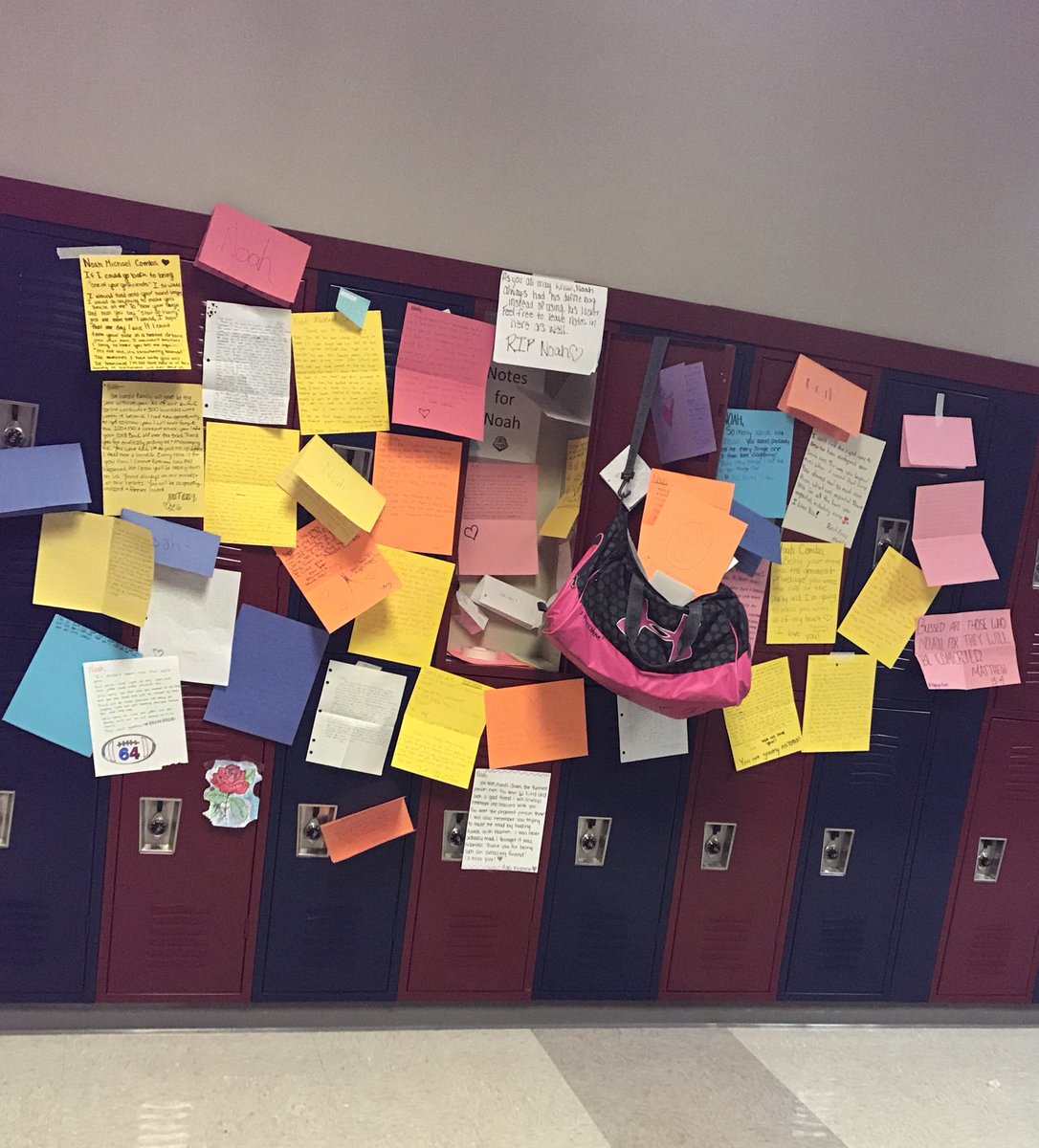 GarrettPositive's tweet photo. If you are having a hard time, make sure to hang up a memory or card in the sophomore hallway at Noah’s locker.  You can even put one in a duffle bag inspired on his gigantic one.  Sharing memories helps everyone ease their mind💗 https://t.co/ErhaHT6ffh