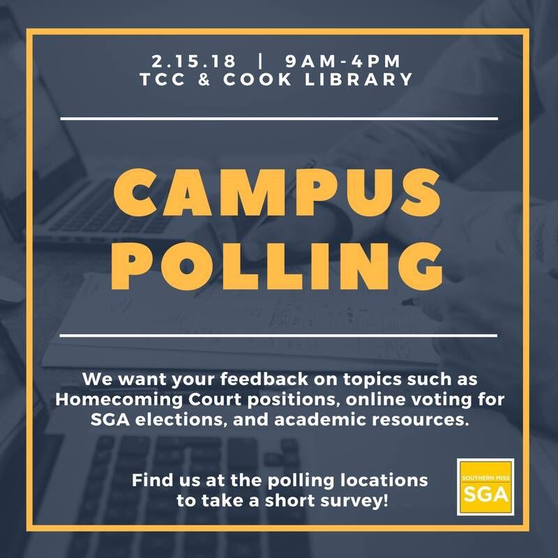 We want your feedback on some legislative topics we're discussing in SGA Senate! Find us at our polling stations in Cook Library and TCC this Thursday to take a short survey. Your voice matters!