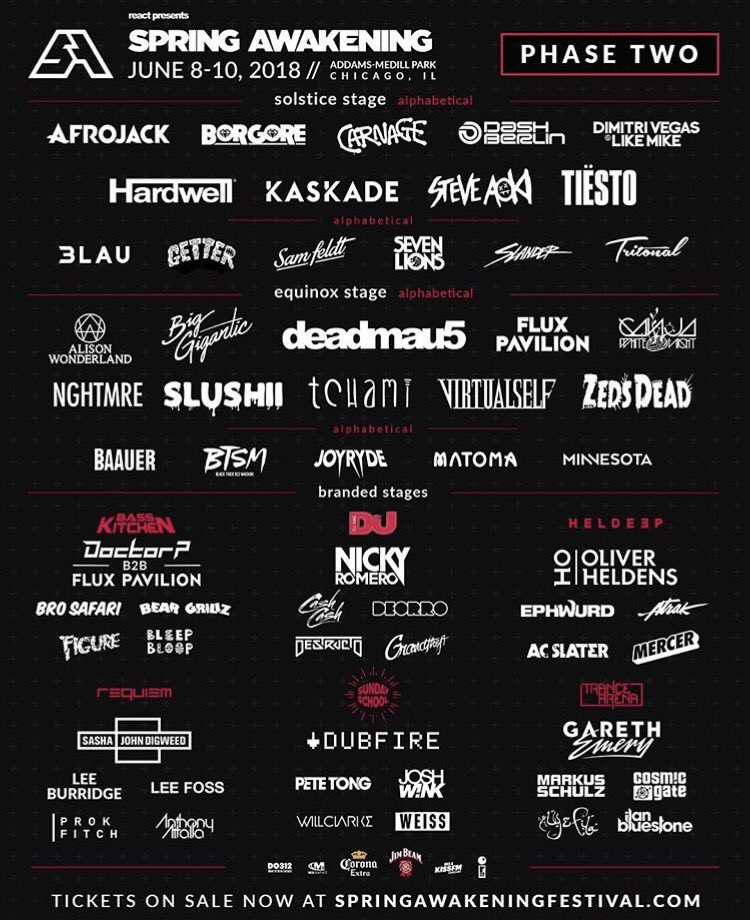 chifestivals's tweet photo. Spring Awakening Music Festival Phase 2 Lineup Released 🔥 @springawakefest @reactpresents #SAMF #Chicago #EDM #CMFPIX #tiesto #kaskade #deadmau5 #zedsdead #fluxpavilion #doctorp #figure #beargrillz #brosafari #tchami #sevenlions @zedsdead https://t.co/1Q6t7B71lA