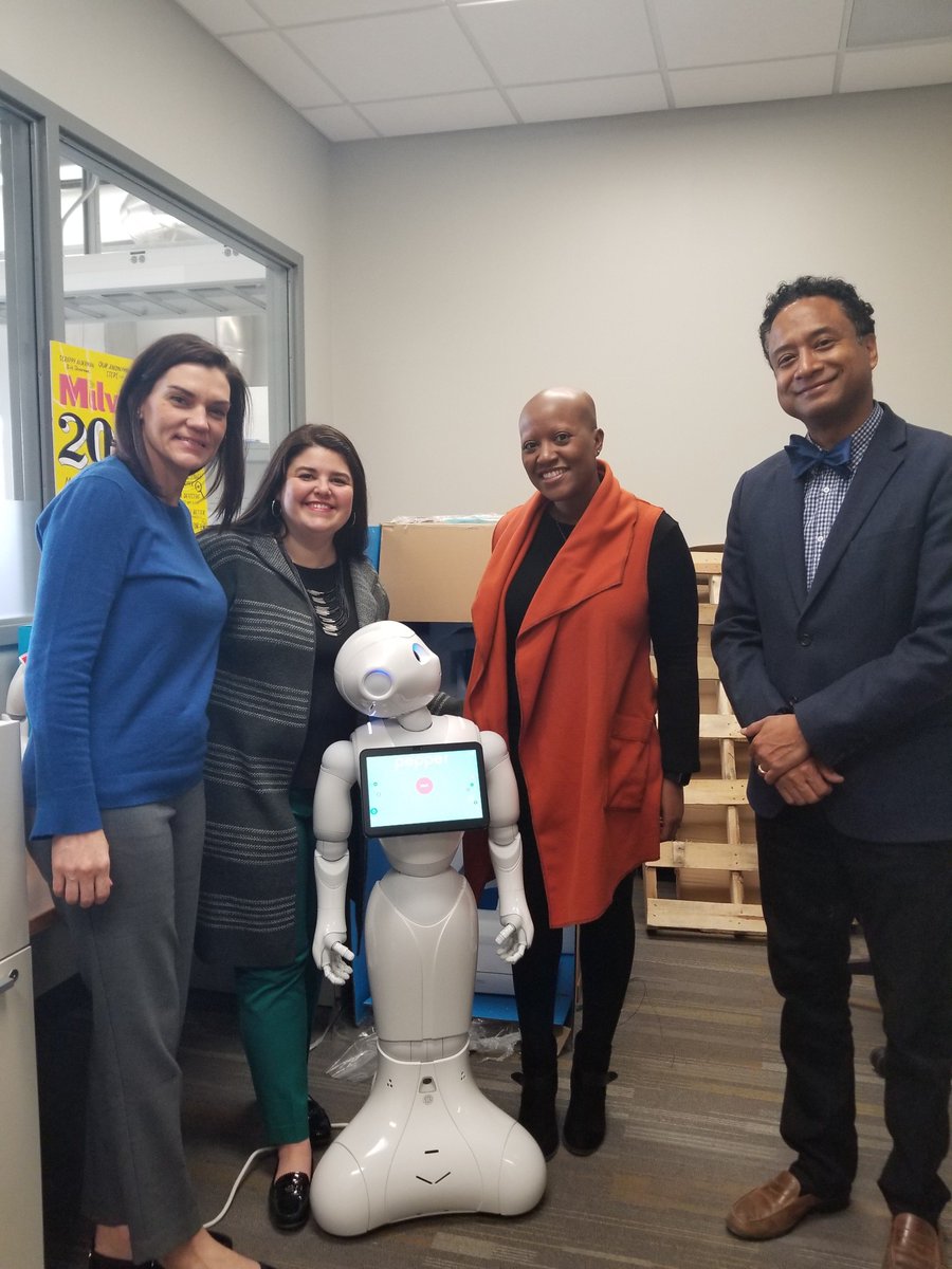 So enjoyed meeting <a href="/outofthebox1/">Dr Andrew B Williams</a> and #Pepper the robot at <a href="/heirlab/">HEIR Lab</a> <a href="/kuengineering/">KU Engineering</a>! (Our team left to right: Terri Pirtle, Executive Director of <a href="/ONEOK/">ONEOK</a> Foundation, Shahla Wright, Supervisor of Talent Acquisition and Shalynne Jackson, Diversity and Inclusion Consultant)