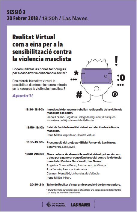 vlcilab's tweet photo. Com a part del nostre treball sobre realitat virtual per al desenvolupament humà, el dimarts parlarem de violència masclista i #RV. Vos esperem! @AjuntamentVLC @igualtatUV @IgualtatVlc @malaga @hikaru_agency @UV_EG @alannaasoc @ArteCViolencia https://t.co/ab83VxUkCY