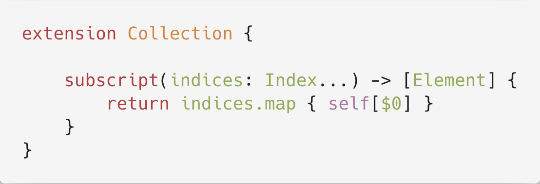 PublicExtension's tweet image. A terrific improvement to extension #9️⃣1️⃣ brought to you by @rolandleth. Now you can avoid wrapping an extra set of brackets around your collection subscript and instead just call someCollection[1, 2, 4, 8].

github.com/mergesort/Publ…