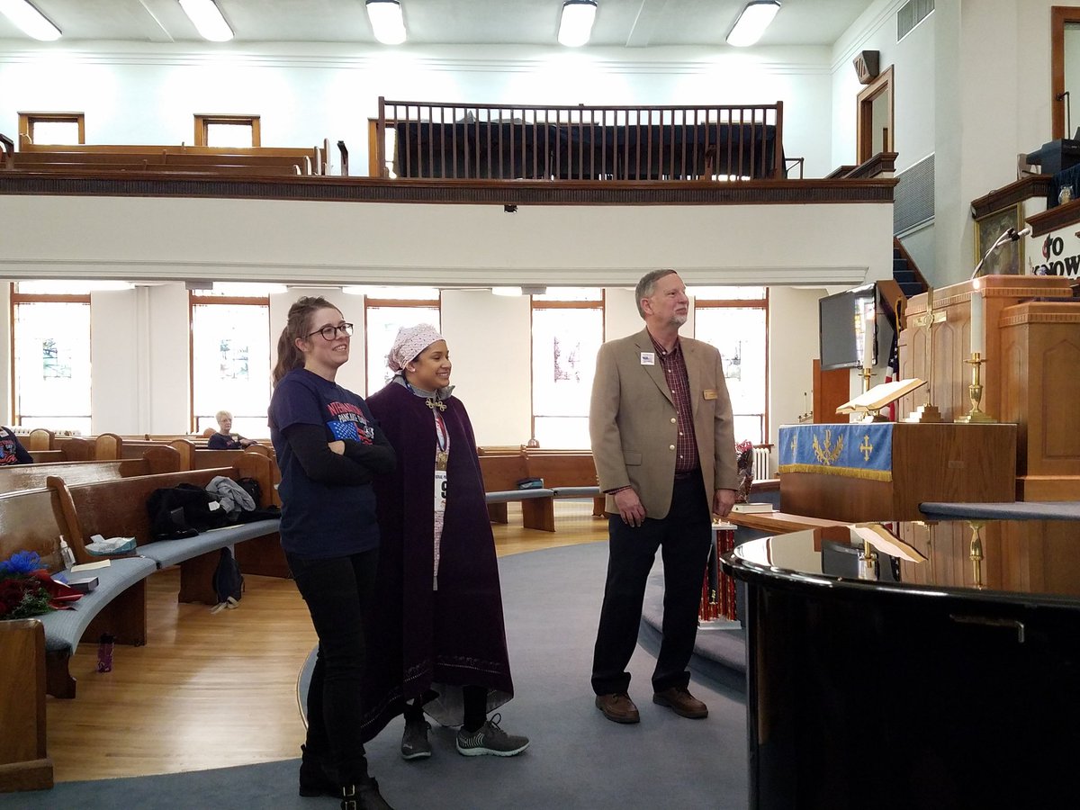 IntlPancakeDay's tweet photo. Pancake Chair Greg Bird, Tamsin Rawlings and race winner Gabby Covarrubias  wait to chat with the @OlneyPancakeRac Pancake Committee https://t.co/HWdg8oH9VB