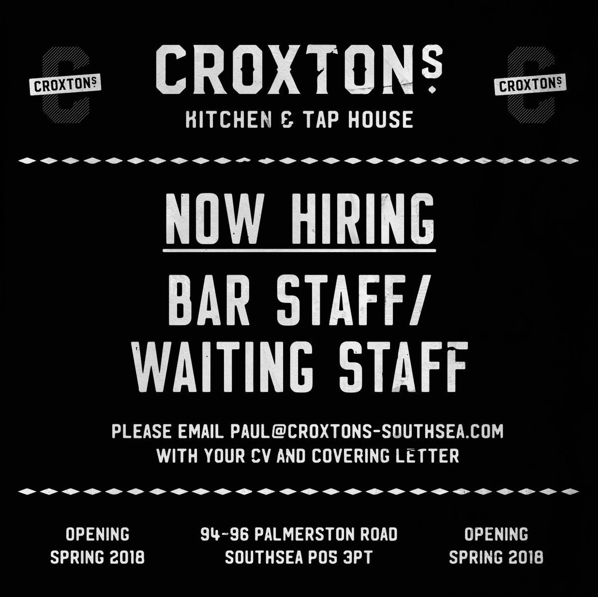 We’re hiring with a view to open early April! Email paul@croxtons-southsea.com