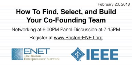 BostonENET's tweet photo. Join @BostonENET 2/20: How to Find, Select, and Build Your Co-Founding Team RSVP https://t.co/x1pxNfTcL0 6p @DraperLab #startup #founder #investor #entrepreneur #founders https://t.co/TkWbcrFWE8