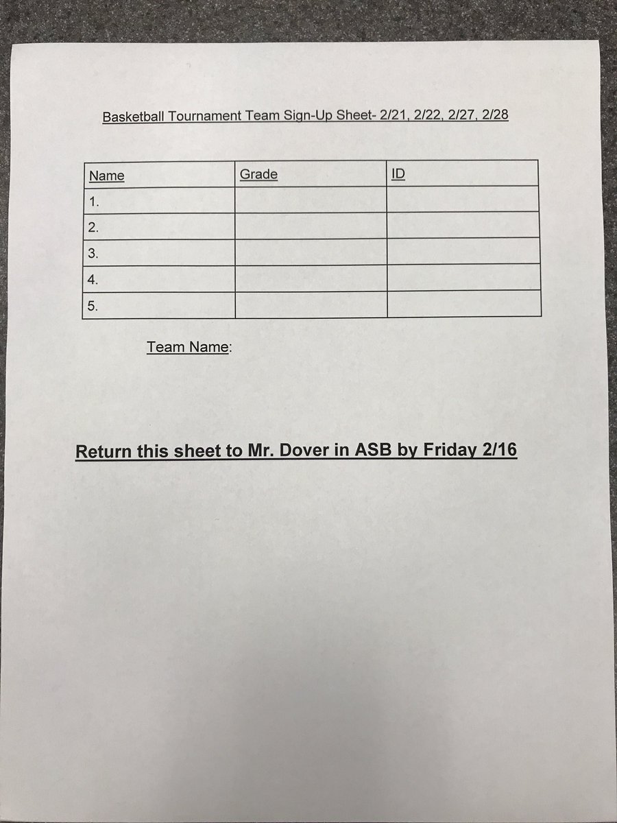 Intramural 5v5 Basketball tournament sign up sheets are in ASB! They Must be turned in to Dover by Friday 2/16🏀🏀🏀
