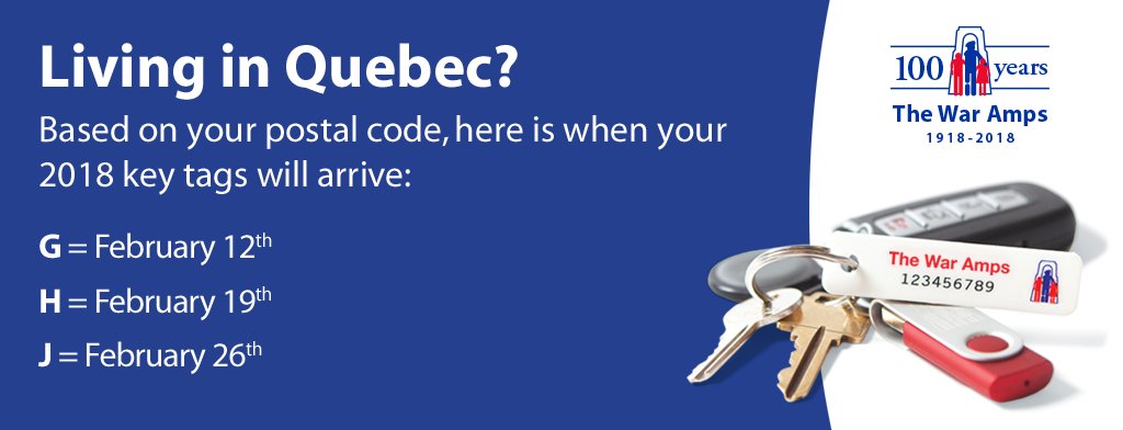 TheWarAmps's tweet image. Our annual key tag mailing is now underway in Quebec. Protect your keys by simply attaching the tag to your key ring. If you lose them, The War Amps can return them to you by courier, free of charge! Learn more about our programs &amp;amp; services at waramps.ca #KeyTags #QC