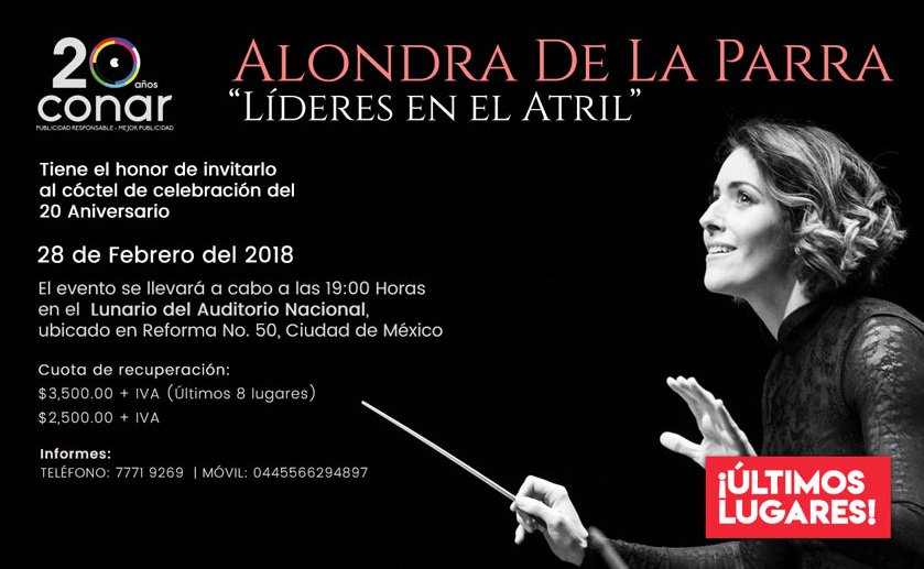 911Meetings's tweet photo. Acompáñanos al 20 Aniversario de CONAR con la conferencia de Alondra de la Parra: "Líderes en el Atril", el próximo 28 de febrero a las 19:00 hrs. en el Lunario del Auditorio Nacional #aniversario #CONAR20Aniv @alondradlp @conar_mexico Más información: https://t.co/qrJCyJvftw https://t.co/kvTyJYVP4M