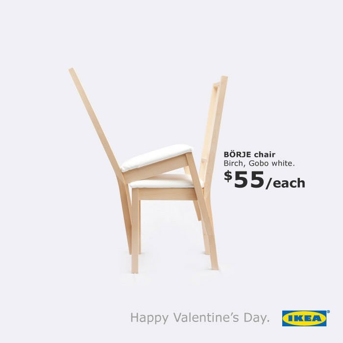 scribedubai's tweet photo. Clever #ad #campaign. #Ikea’s #branding is so spot on you don’t even need to see their label to know it’s them. #marketing #advertising #homeware #chairs #valentinesday #copywriting #write #scribe #scribedubai #greatbrandsdeservegreatcontent https://t.co/Xt0N0anaXr