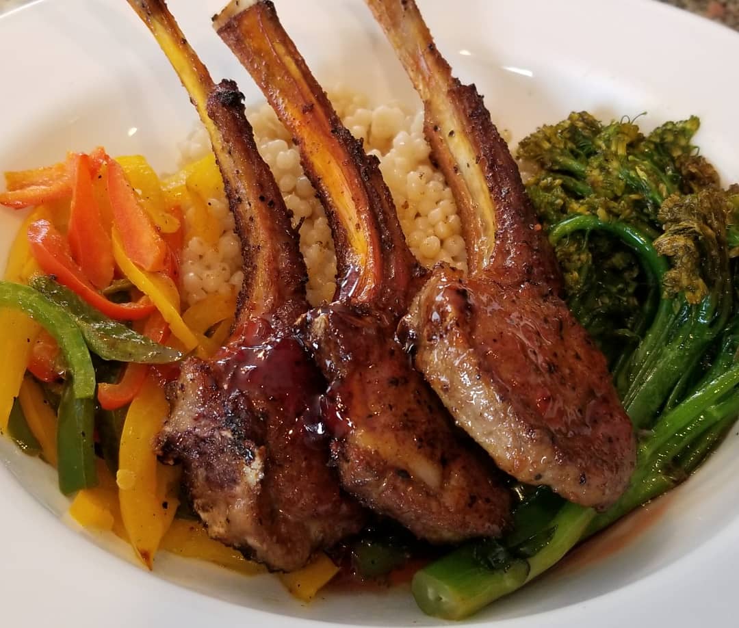 CHEFZAECMC's tweet photo. Fireball lamb chops pearl couscous pan seared brocolinny with sweet peppers. It's also a fireball strawberry and redberrie reduction (I put on to quick at first it was runny but still was bomb) #FOODPORN #CHEFZAE #KITCHENKILLA https://t.co/En5fRk6kEj