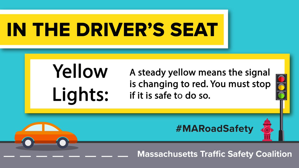 A steady yellow light means the traffic signal is changing from green to red. You must stop if it is safe to do so. If already stopped, you may not proceed. A flashing yellow is a warning. Proceed with caution &amp; stay alert. #MARoadSafety Facebook.com/MATrafficSafet…
