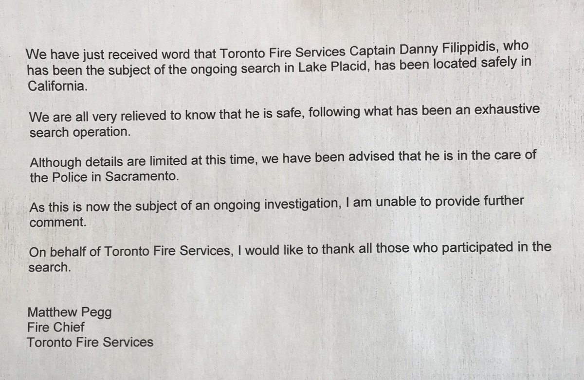 MatthewDPegg's tweet image. My statement on the conclusion of the search for missing @Toronto_Fire Captain Filippidis.