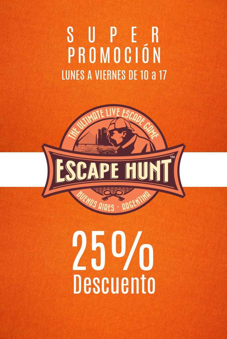 EscapeHuntBue's tweet photo. #PROMO 
Ingresá a https://t.co/AwaW4mBcGA 
Hacé tu reserva de lunes a viernes entre las 10 y las 17 horas.
Poné el código HUNT25 y paga un 25% menos. https://t.co/ZlE7YZF0vz