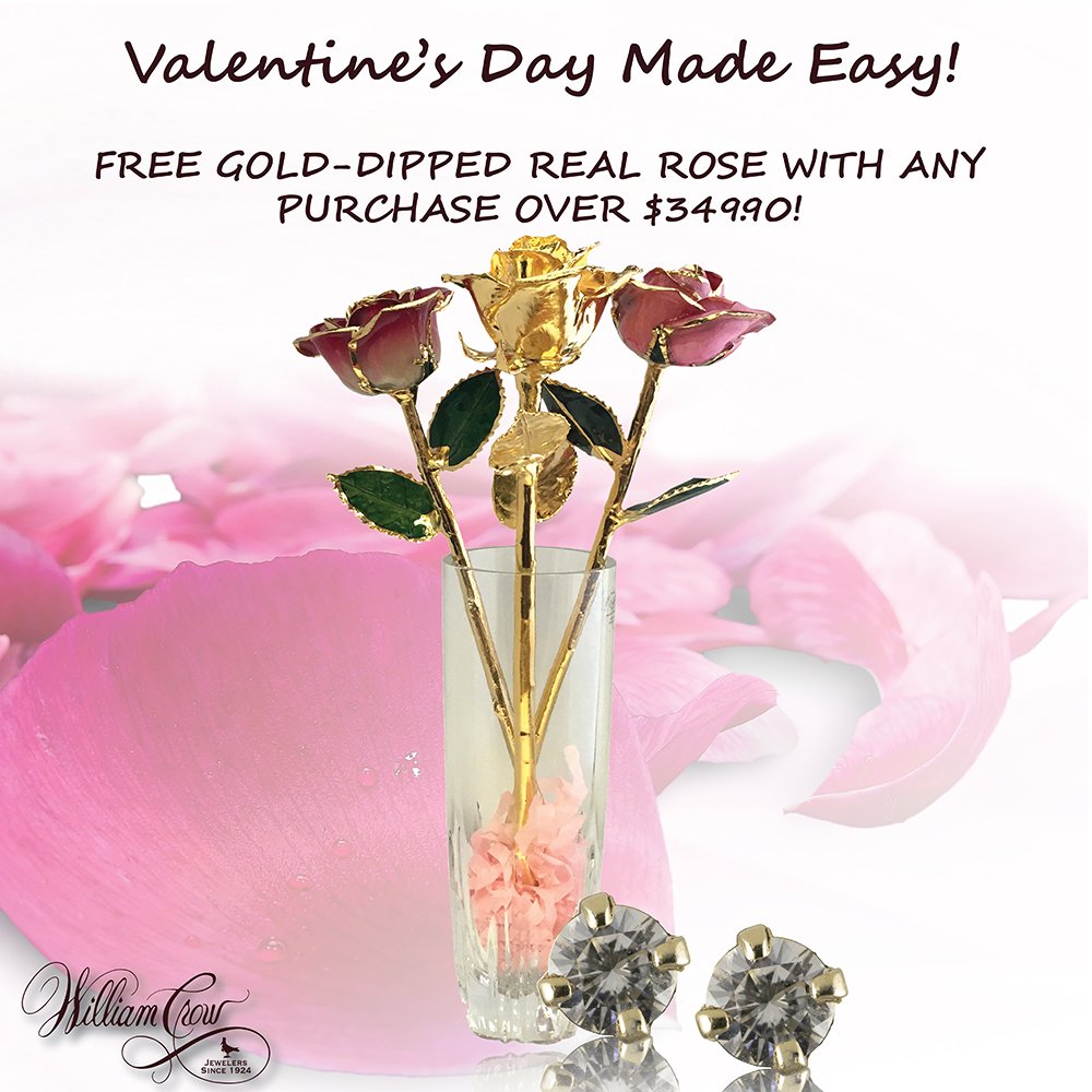 WCrow_Jewelry's tweet photo. One day left until the big day! Celebrate in stress-free #style! With any gift purchase $349.90 or above, you'll receive a complimentary gold-dipped real #rose - the perfect symbol of your #everlastinglove!
.
.
.
.
.
#valentinesday2018 #valentine #willyoubemine #loveher #jewelry https://t.co/bFfnXN60IR