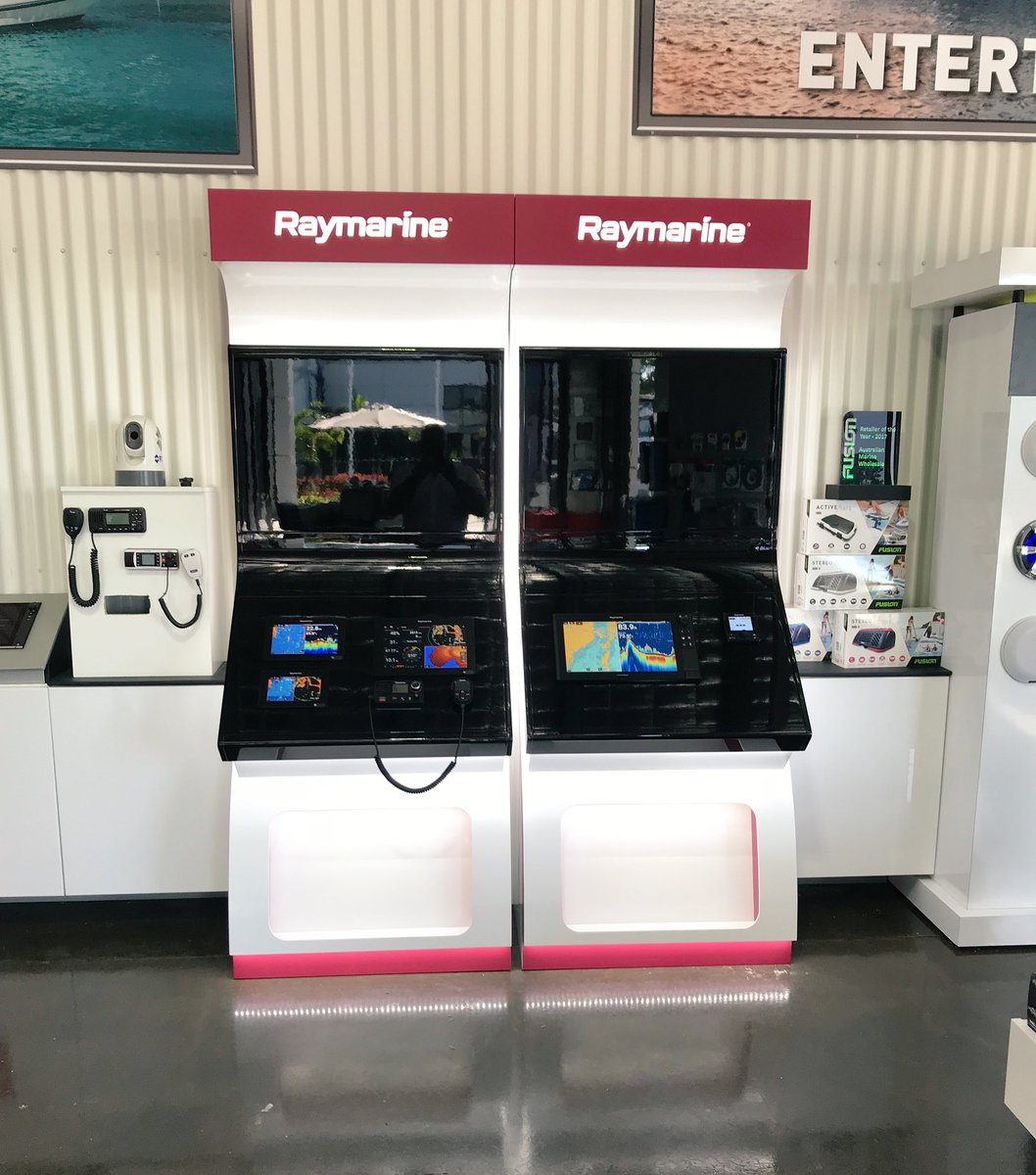 AMWholesale's tweet photo. It’s finally here! Our new @Raymarine display in our interactive showroom 🙌 This display showcases the Axiom 7, 9, 12 and 16 Pro as well as P70Rs autopilot control 👌 come down to #TheBoatWorks and check it out! 

#Raymarine #AMWholesale #Axiom https://t.co/zs4lAsNOk3