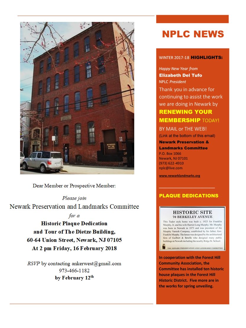 NPLCommittee's tweet photo. PLEASE JOIN US this coming Friday 2.16.2018~ for a
Historic Plaque Dedication and Tour of The Dietze Building (More details below in our WINTER NEWSLETTER 2017-18) https://t.co/eayMV8bCWy