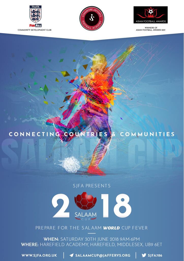 OfficialSJFA's tweet photo. The 2017 Award Winning Salaam Cup attracted 11 Communities and clubs across the country with:
500+ players
57 teams
1000+ spectators

Now it is time to prepare for the 2018 Salaam ‘World’ Cup.

Register your teams early https://t.co/wAIwSA4uvQ