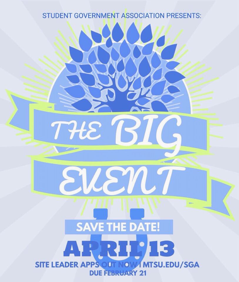 mtsusgafc's tweet photo. SAVE THE DATE!!! The Big Event is one big day of service that students are able to participate in every year! The annual event will be held on Friday, April 13th with registration opening up at a later date so mark your calendars now! #trueblue #mtsu https://t.co/DEWIDFfbDG