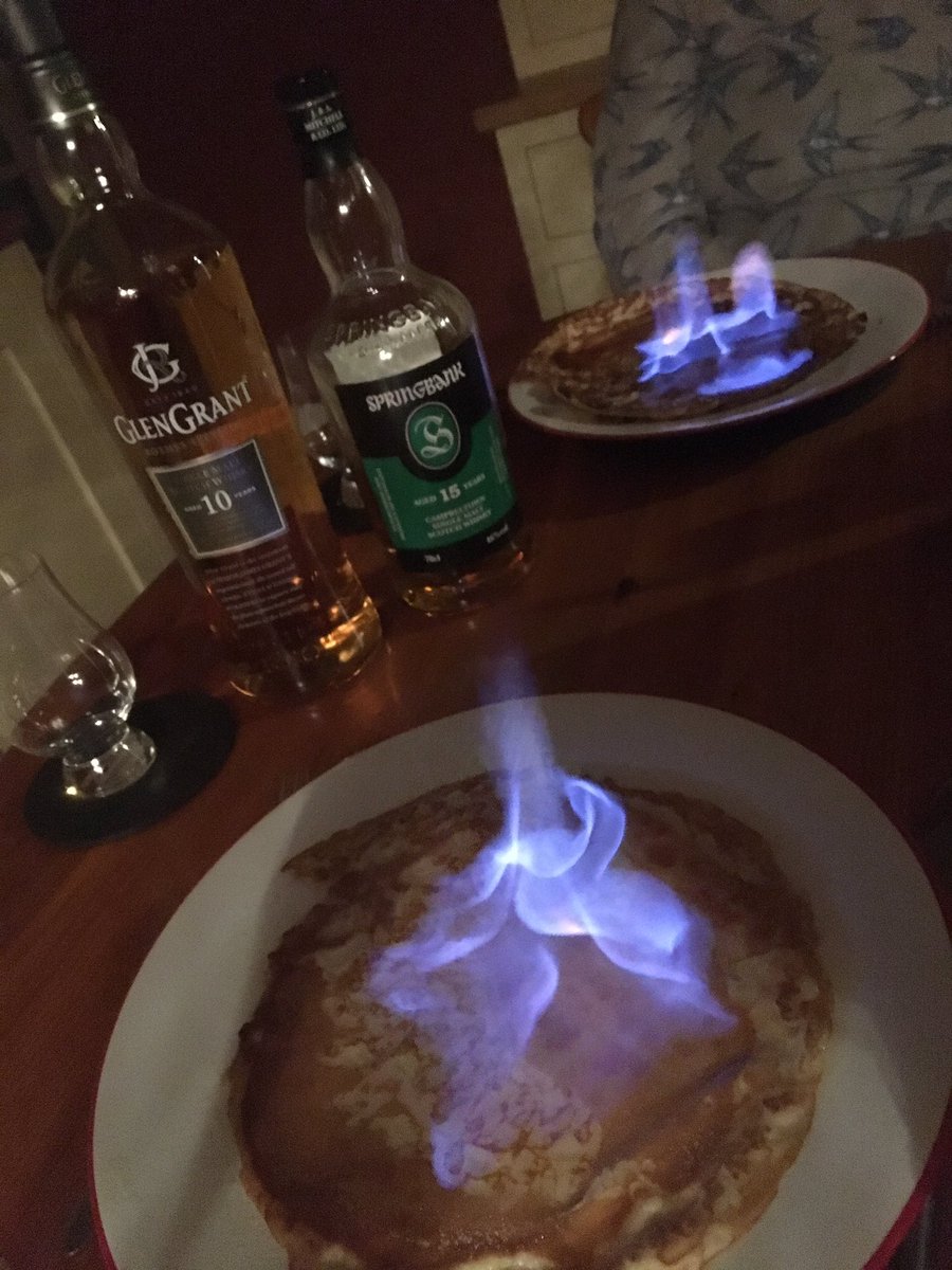 C_Dearden's tweet image. This year's pancakes: lemon and sugar, flambéed with 10yo Glen Grant; golden syrup and cinnamon, flambéed with 15yo Springbank.  Both rather fine.