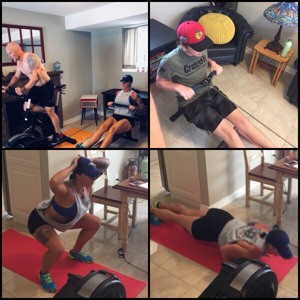 GennaMcMillan's tweet photo. Moved some of the garage gym into the living room. Gotta love 2 a days! #trainingpartners #hatethecold #sickofwinter #Rowintervals #100squatsaday #100pushupsaday #everday https://t.co/sPPP33supY