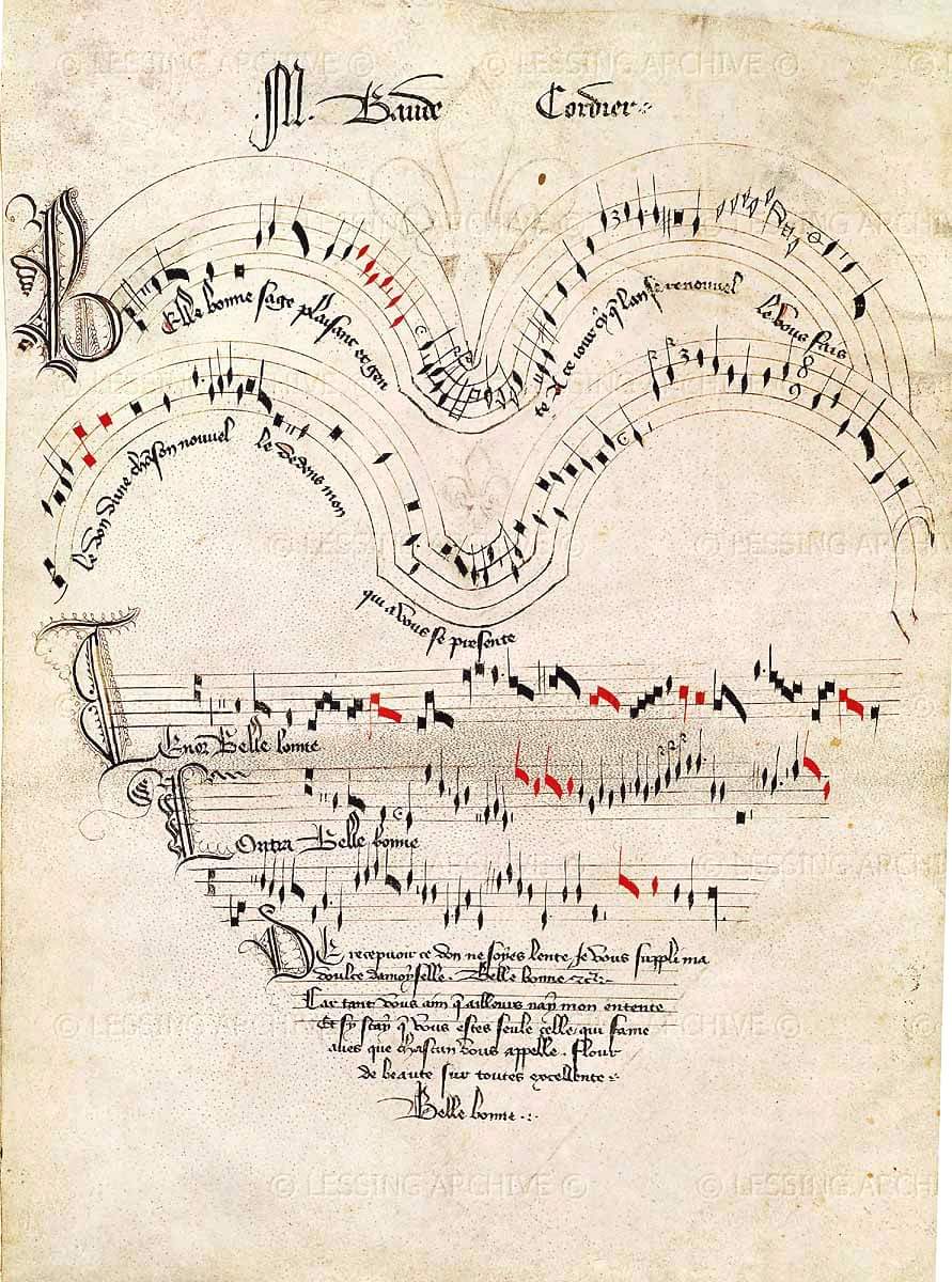 instagram.com/p/BfJxsJ9Acnn/ Celebrate #ValentinesDay #EarlyMusic-style - 'Belle, Bonne, Sage' is a #Rondeau in a heart shape by #BaudeCordier (born c. 1380 in Rheims, died before 1440), a French composer of the #ArsSubtilior fb.me/99FbquF9A