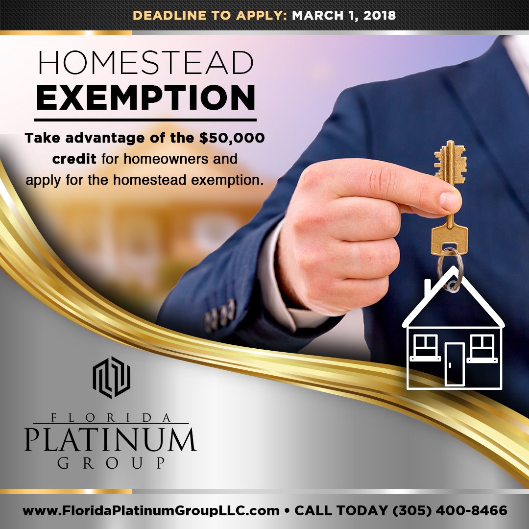 State law allows Florida homeowners to claim up to a $50,000 Homestead Exemption on their primary residence. Contact The Florida Platinum Group and we can help you claim.

Commercial, Luxury, and Residential properties.
BUY • SELL • RENT
Call today (305) 400-8466