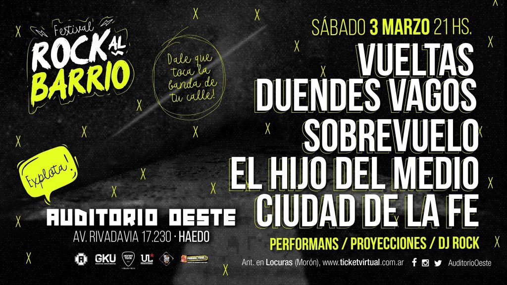 El 3 de Marzo se viene una gran fecha junto a grandes bandas del Oeste! Dónde? En <a href="/AuditorioOeste/">Auditorio Oeste</a> ! 
Venite! No podés faltar! Una buena noche de rock para arrancar el año con todo!

En nuestra web vas a poder conseguir anticipadas! 
sobrevuelo.com.ar

#rockalbarrio #oeste