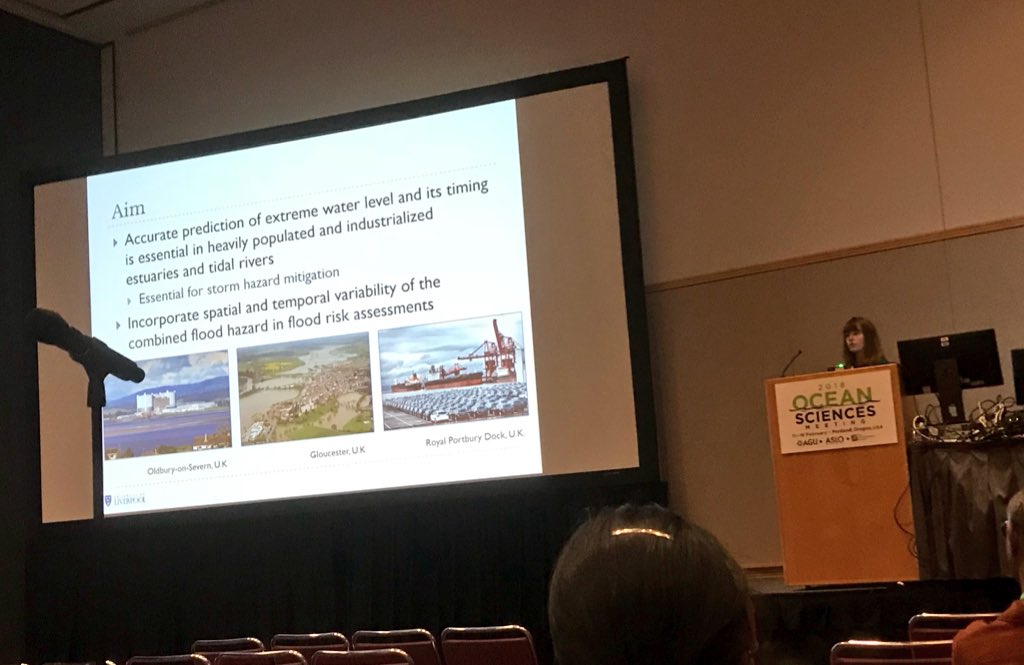 GeomorphologyDr's tweet photo. @livunigeog #ontour @charllyddon presents her @ARCC_CN #ARCoES and @BLUEcoastUK #BLUEcoastUK research on tide-surge interaction in the Severn Estuary #OS18 https://t.co/X4X8FKJhCH