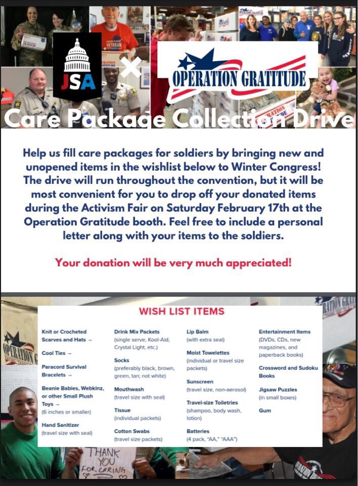 sesJSA's tweet photo. 🚨Winter Congress attendees🚨 The Activism Department is holding a care package drive for veterans and soldiers as a part of the Statesman Salute. Please consider bringing these items to contribute to Operation Gratitude: https://t.co/Qu6jye4qwh