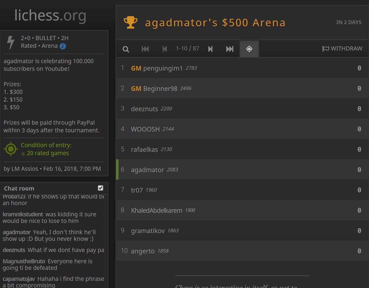 agadmator on Twitter "GM penguingim1 just registered for my tournament