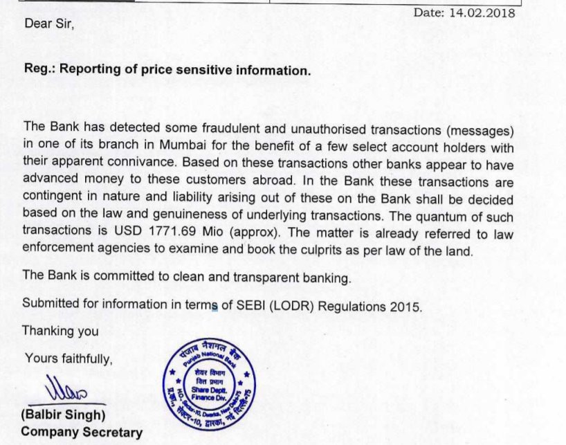 deepakshenoy's tweet photo. PNB reports a $1.7 billion fraud - thats Rs. 10,000 cr.+! I hope this is a typo but clearly written as USD. https://t.co/2NqKWJo18n