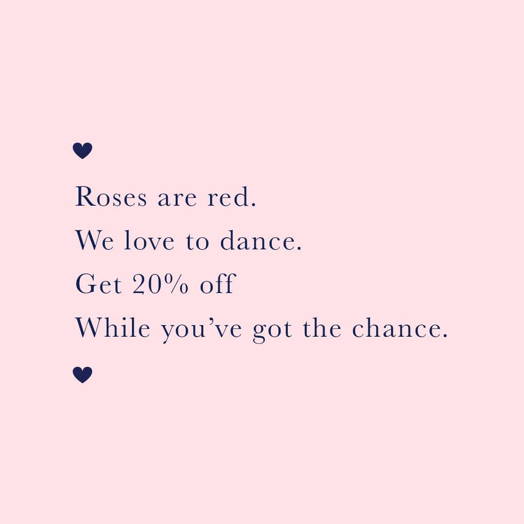 #ValentinesDay, the perfect day to treat yourself to some new #dancewear! Get 20% off everything including #sale items today online. Promo code is LOVEDANCE 💕 💖 💕 Orders must be over $20, offer ends midnight tonight AEDT!