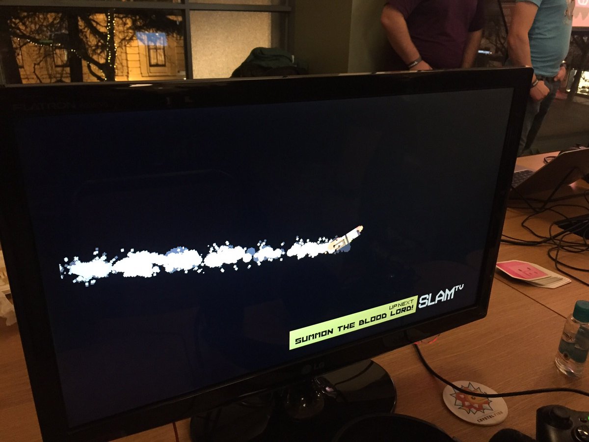 chrissumsky's tweet photo. TVs were 'sploded, babies were bathed, blood lords were summoned. Some even escaped into the void. Thanks for everyone who came out last night and played #rocketdad! #GGJ18 #indiegames #gamedev https://t.co/asWLnJFAAx