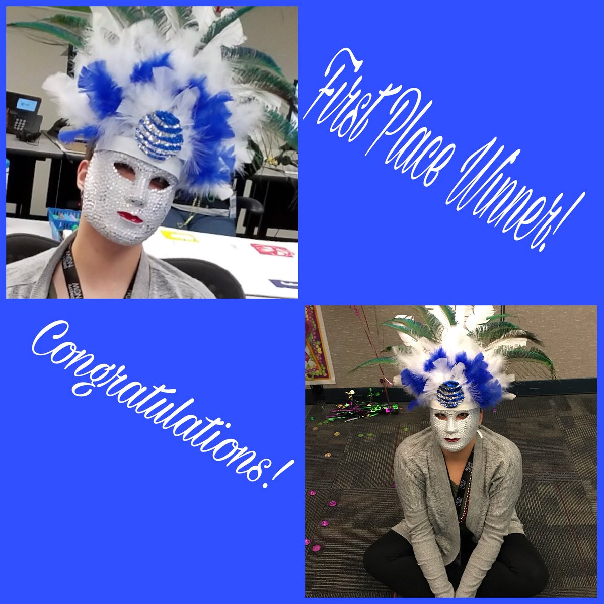 JalisaReed9's tweet photo. First Place Winner of the mask contest! Congrats to Kathleen Rogers , she is in our new hire class , the first class of 2018 !!#01/29#MardiGrasDay#OcalaFl#CultureCouncil#OneOcala#AT&amp;T#FunAtWork @WilliamATTKidd @TeamTugTitans @TeamTugTitans @DustyRhodesATT @cj5951Cat @carawfields https://t.co/92X0lad5Yh