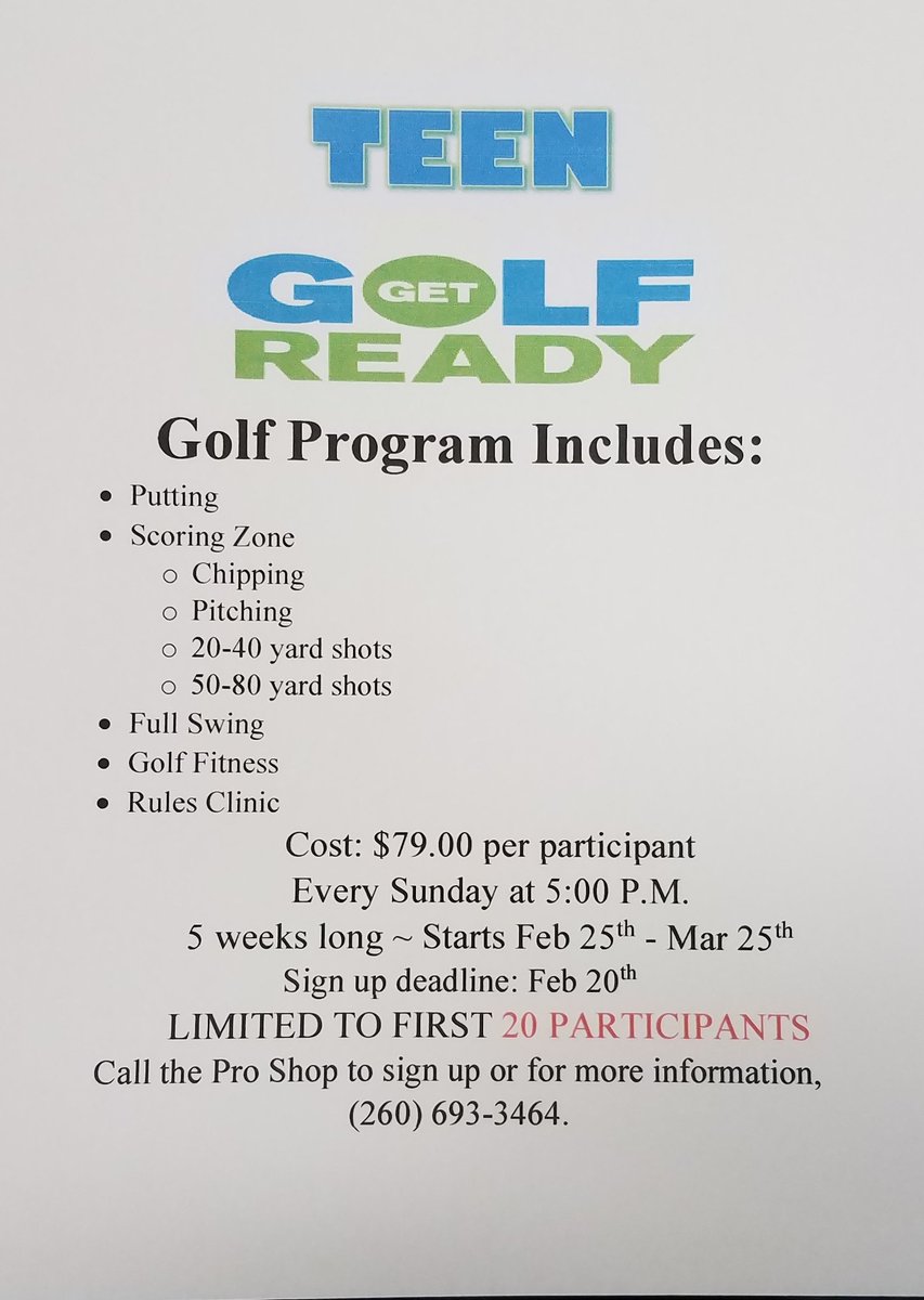 Spread the word! We are having a Teen Get Golf Ready program! It is every Sunday for 5 weeks! Limited to the first 20 participants! Call the pro shop to sign up, (260) 693-3464!#GetGolfReady #PGA #PracticePracticePractice