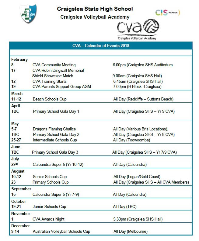 2018 CVA Calendar of Events
