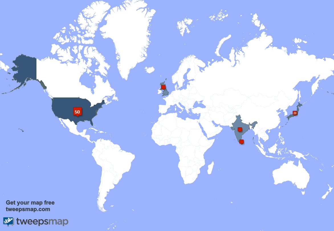 JakePyroson's tweet image. My followers live in 5 countries: USA(50%), Japan(20%)... tweepsmap.com/!JakePyroson Get your free map!