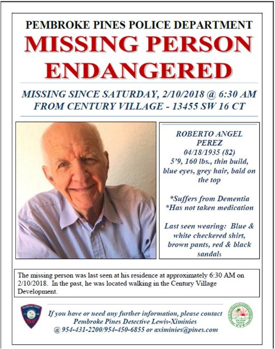 PascoSheriff's tweet photo. Attempting to locate missing endangered person Roberto Angel Perez.

Mr. Perez is a family member of a LEO in South Florida.

If you have any information, contact Pembroke Pines Detective Lewis-Ximinies at 954-431-2200/954-450-6855. @PPinesPD https://t.co/M3EGm3Vdhn