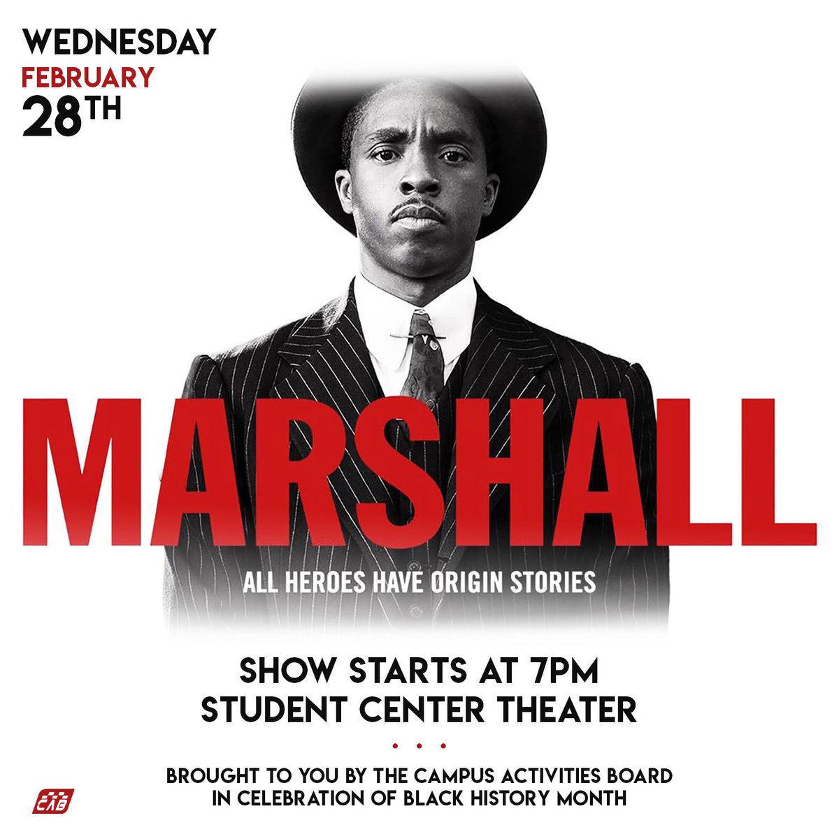 JSUCAB's tweet photo. In celebration of Black History Month✊🏿✊🏾✊🏽✊🏼, CAB🚖 is bringing you a viewing of “Marshall”. 🕴🏾🗣Whether you have or have not seen the movie, you don’t want to miss it.
#CatchTheeCAB #Theegamechangingyear https://t.co/ZH53H7V4LZ