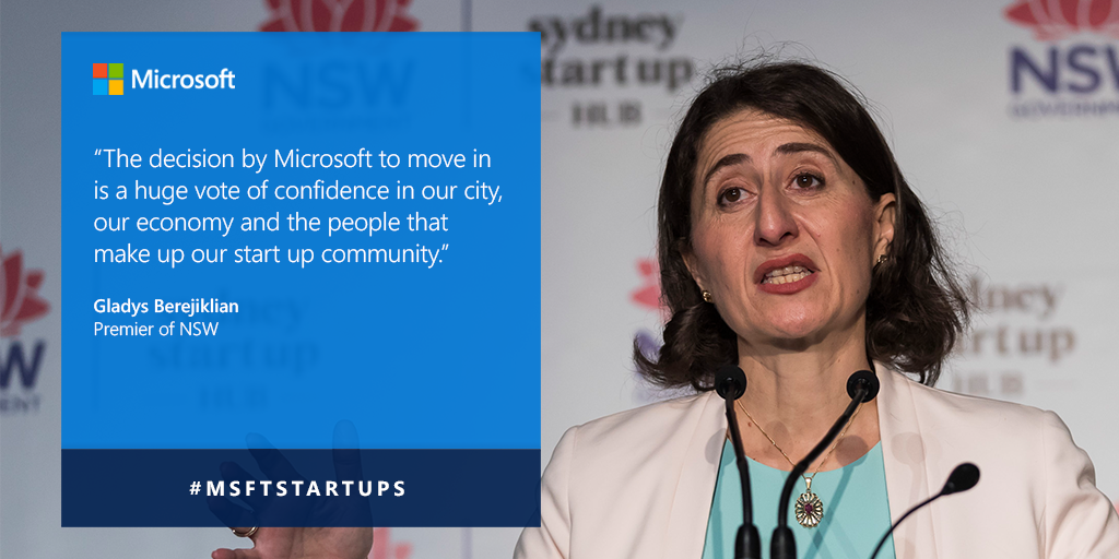 MicrosoftANZ's tweet photo. Premier Gladys Berejiklian on Microsoft's role in supporting and growing local entrepreneurs to the future of tech startups in NSW and Australia. #MSFTstartups #ScaleUp https://t.co/1sZFdZ2u7M https://t.co/Jq4AlssJYR