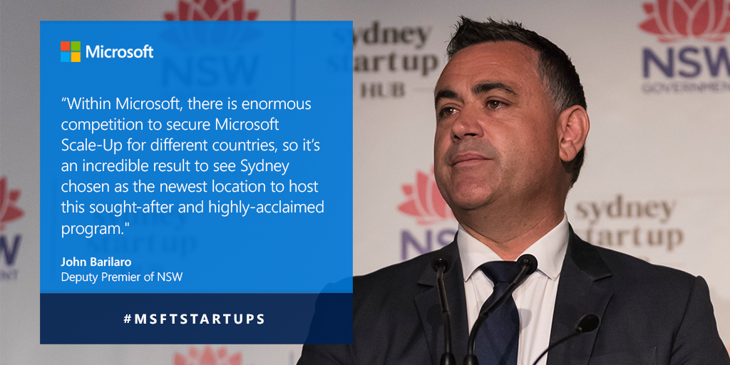 MicrosoftANZ's tweet photo. Deputy Premier John Barilaro expresses his excitement for the Microsoft ScaleUp program. As an active tenant of the Sydney Start Up Hub, Microsoft will bring its global expertise, supporting local NSW start-up ecosystems. #MSFTstartups #ScaleUp https://t.co/MXBKv72ZzB https://t.co/ciI9ZFX3Xl