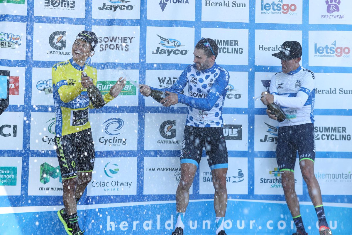 Great memories from 2018 <a href="/HeraldSunTour/">Jayco Herald Sun Tour 🚲</a> - Chaves, Earle &amp; Sunderland celebrating on the final day. Nathan Earle overall winner of KOM jersey.
#SunTour #nutrition #cycling