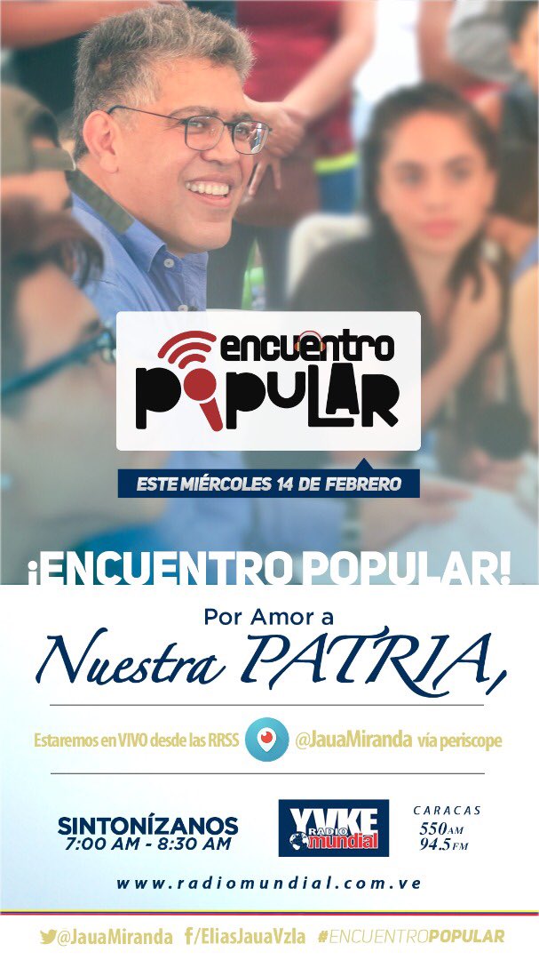 #Imperdible👉Mañana en el día del amor y la amistad sintoniza #EncuentroPopular junto a nuestro Min. <a href="/JauaMiranda/">Elías Jaua</a> dedicado a nuestra amada Patria 🇻🇪 a las 7 y 15 am. Por #YVKE📻Mundial