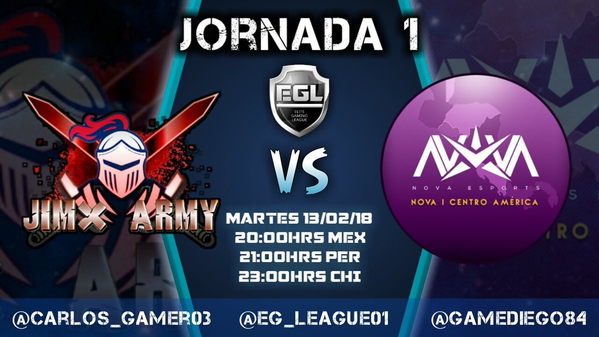 📆 Martes 13-02-18
⚔️ <a href="/Jimx_Army/">Jimx Army</a> vs @nova_caoficial
⏰20hrs🇲🇽21hrs🇵🇪23hrs🇦🇷
Por el canal de: <a href="/sneyky1/">Sneyky</a> youtube.com/channel/UCIwHc…