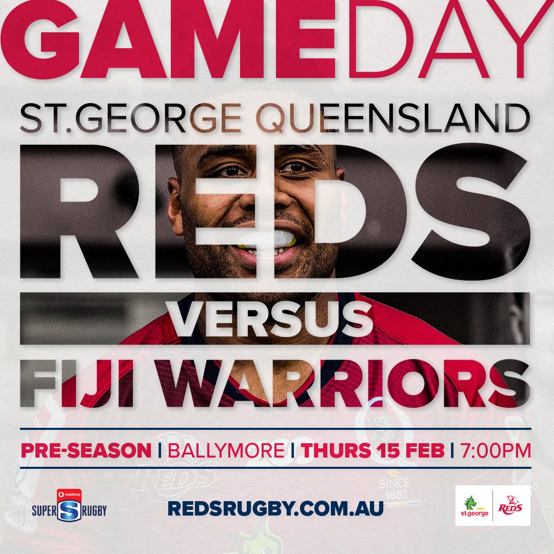 GAME DAY | Get to Ballymore tonight to see us take on the Fiji Warriors in our final pre-season match. 
🏉: Reds v Fiji Warriors
⌚️: 7:00pm AEST 
📍: Ballymore Stadium, Herston
Tickets: bit.ly/2CeIsXY

#REDvFIJ #Reds2018 #RugbyFamily #RedsFamily