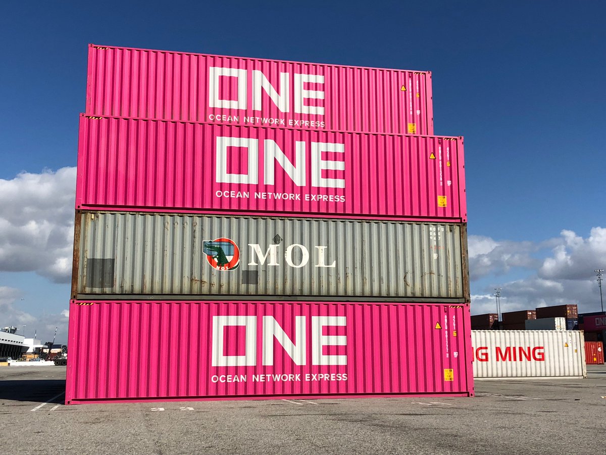 The first ONE (Ocean Network Express) containers have arrived at #POLB, just in time for Valentine's. The colorful containers belong to a new consolidated company, formed from Japanese lines K Line, Mitsui O.S.K., &amp; NYK Line, &amp; have been arriving at our ITS terminal on Pier G.
